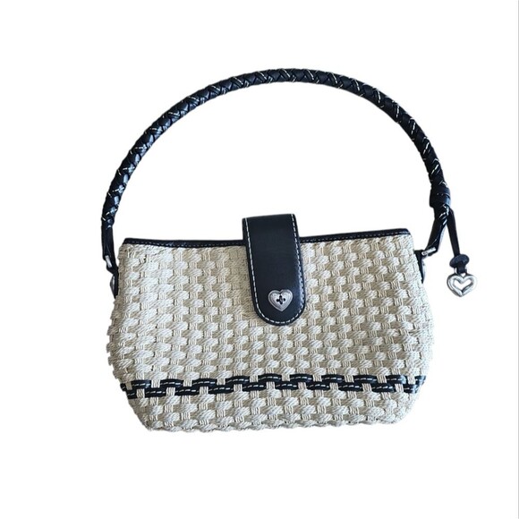 Brighton Handbags - Brighton Vintage Y2K Woven Straw Shoulder Bag Black Leather Heart Charm Boho